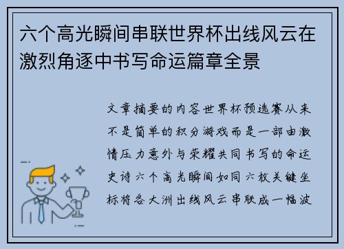 六个高光瞬间串联世界杯出线风云在激烈角逐中书写命运篇章全景